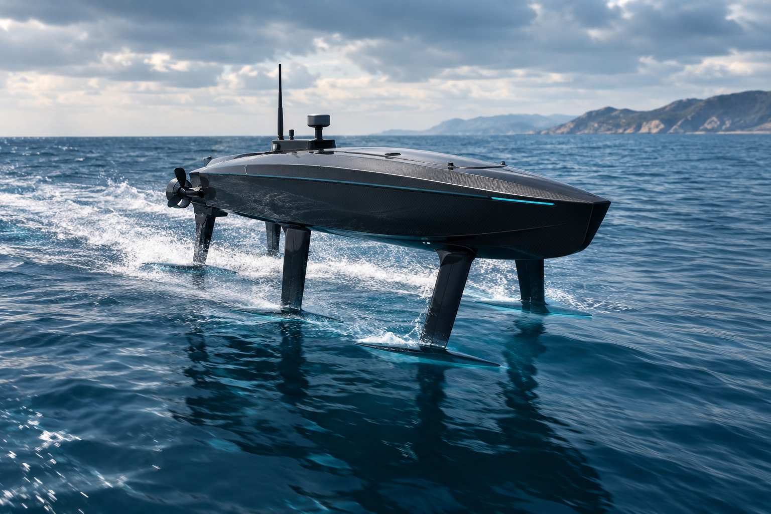 Concept rendering of an autonomous electric hydrofoil surface craft moving across the sea